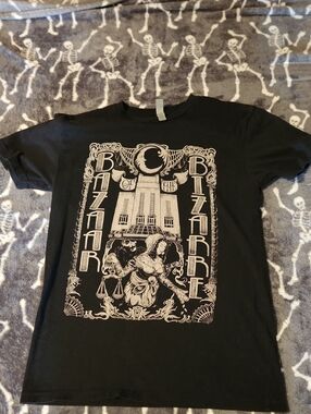 Black Graphic Short Sleeve Tee with White Bazaar of the Bizarre Print